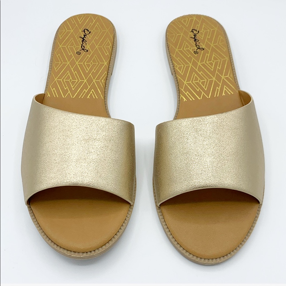 Gold Metallic Slide Sandals Flat Slip On Summer Casual Shoes
